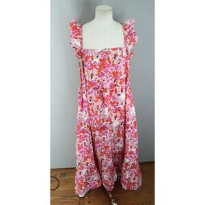 Ro's Garden Dress Womens Large Pink Red Floral Ruffle Sleeve Cotton Maxi Summer